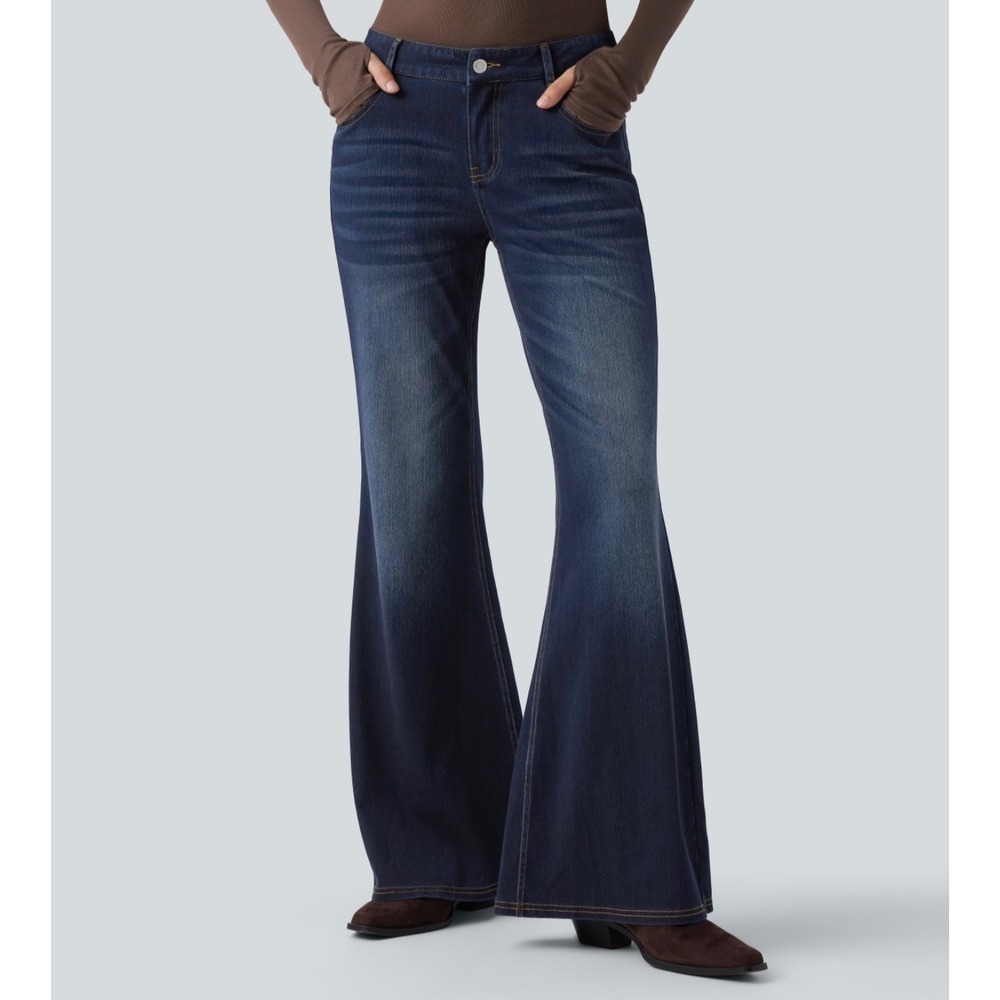 Halara Womens Low Rise Flare Washed Casual Jeans Blue Denim S 02758803